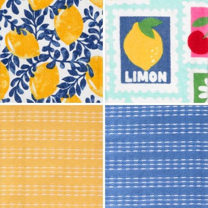Ritz 4-Piece Kitchen Towel Set, Citron Vine & Summer Fruit Stamp Prints with Yellow & Blue Textured Terry, 100% Cotton & Absorbent Blend, 16" x 26", Vintage Mediterranean Fruit Kitchen Decor