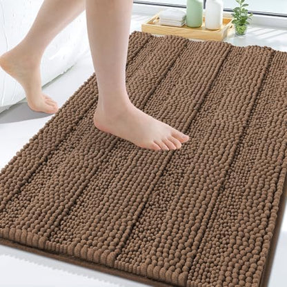 Grandaily Chenille Striped Bathroom Rugs 30x20, Extra Thick and Soft Absorbent Bath Mats, Rubber Backing, Plush Shaggy Shower Carpet, Machine Wash Dry, Bath Rug for Bathroom, Mocha