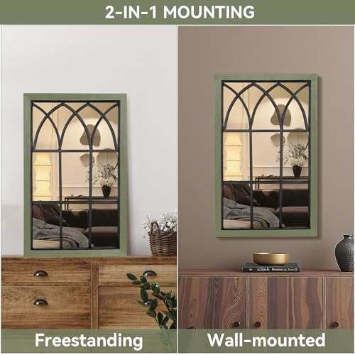 Retro Green Window Mirror for Wall Decor, Wood Frame Decorative Wall Mirror