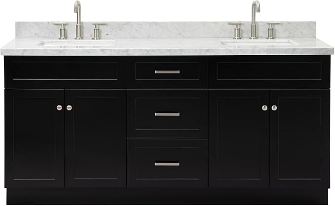 ARIEL Hamlet 72-inch Bathroom Vanity with Sink,Solid Wood, 1.5-inch Italian Carrara Marble Countertop, Double Rectangular Porcelain Sink, 4 Soft Closing Doors, 3 Dovetail Drawers, Black