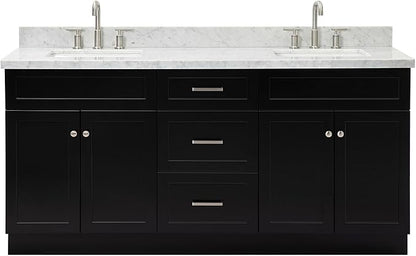 ARIEL Hamlet 72-inch Bathroom Vanity with Sink,Solid Wood, 1.5-inch Italian Carrara Marble Countertop, Double Rectangular Porcelain Sink, 4 Soft Closing Doors, 3 Dovetail Drawers, Black