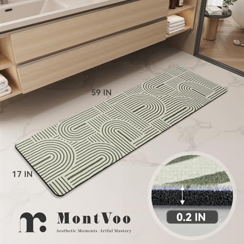 MontVoo -Bath Mat-Non Slip Thin Bathroom Rugs Fit Under Door- Quick Dry Absorbent Faux Suede Surface Grey Bathroom Floor Mats-Shower Rug for in Front of Bathtub Shower Ivory & Green Arched 17x59
