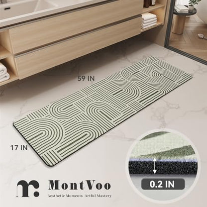 MontVoo -Bath Mat-Non Slip Thin Bathroom Rugs Fit Under Door- Quick Dry Absorbent Faux Suede Surface Grey Bathroom Floor Mats-Shower Rug for in Front of Bathtub Shower Ivory & Green Arched 17x59