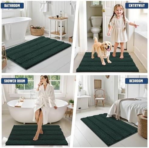 Grandaily Chenille Striped Bathroom Rugs 30x20, Extra Thick and Absorbent Bath Mats, Non-Slip Soft Plush Shaggy Shower Carpet, Machine Wash Dry, Bath Rug for Bathroom, (Medium, Dark Green)