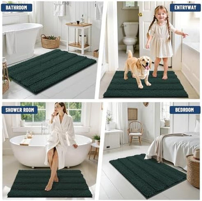 Grandaily Chenille Striped Bathroom Rugs 30x20, Extra Thick and Absorbent Bath Mats, Non-Slip Soft Plush Shaggy Shower Carpet, Machine Wash Dry, Bath Rug for Bathroom, (Medium, Dark Green)