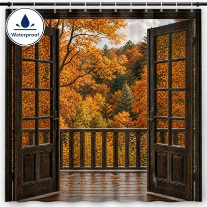 Fall Shower Curtain, Autumn Forest Window View Decor Bathroom Curtains, Maple Leaves Open Door Balcony Rustic Farmhouse Waterproof Polyester Shower Curtain with Hooks,72x72 Inch