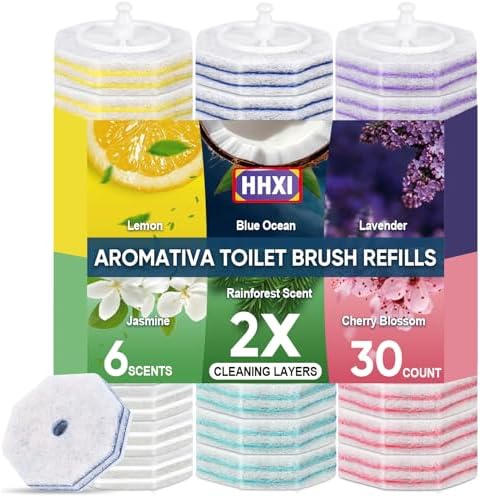30Ct Aromative Toilet Brush Refills, Double-Layer Cleaning Pads Added, Compatible with Most Toilet Brushes，6 Scents（Patented）