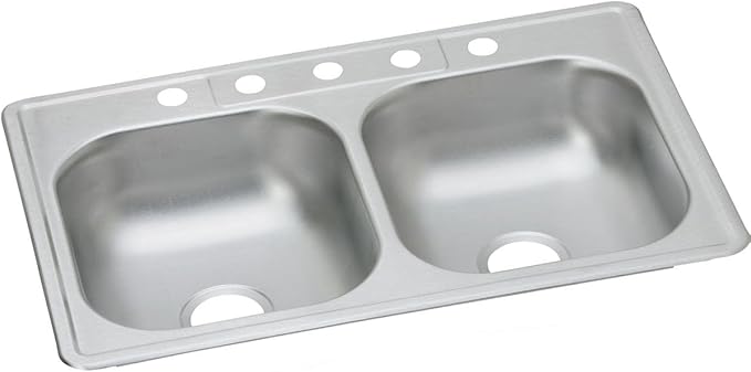Dayton Stainless Steel 33" x 21-1/4" x 6-9/16", 5-Hole Equal Double Bowl Drop-in Sink