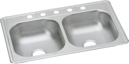 Dayton Stainless Steel 33" x 21-1/4" x 6-9/16", 5-Hole Equal Double Bowl Drop-in Sink