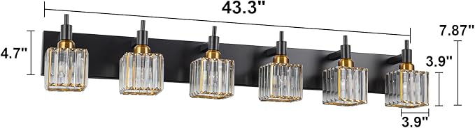 6-Lights Crystal Bathroom Vanity Light Black Gold Modern Bathroom Lighting Fixtures Over Mirror, Wall Light Fixtures