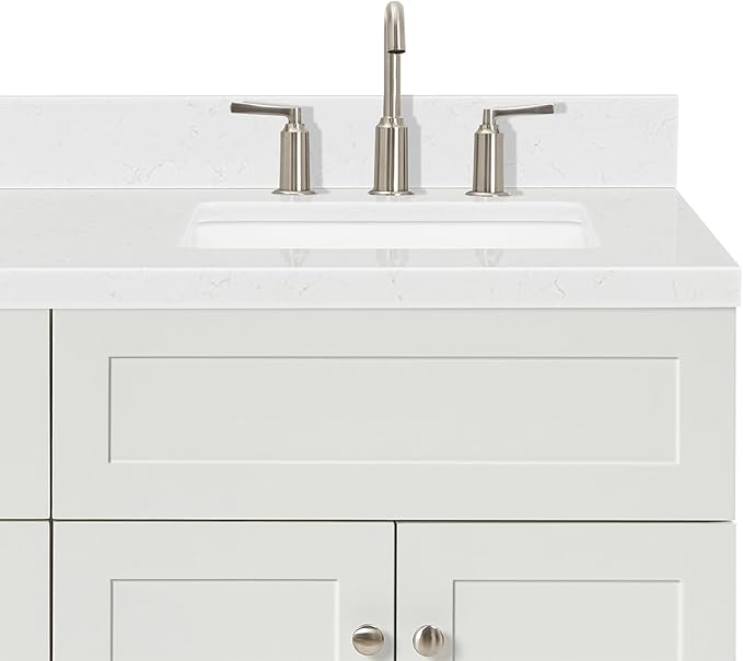 DKB Bradford 66-Inch White Double Bathroom Vanity, 1.5-Inch Edge Carrara Quartz Countertop & Splash, Rectangular Undermount Sinks, 2 Soft Closing Doors, 3 Dovetail Drawers, Toe Kick, Brushed Nickel