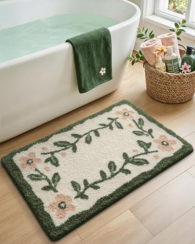 DEXI Boho Floral Bathroom Rugs 36x24, Green Leaf Bath Mat Non Slip Washable