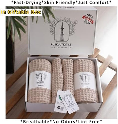 PÜSKÜL Natural 100% Turkish Cotton Waffle Towels Set of 4-Piece, Beige