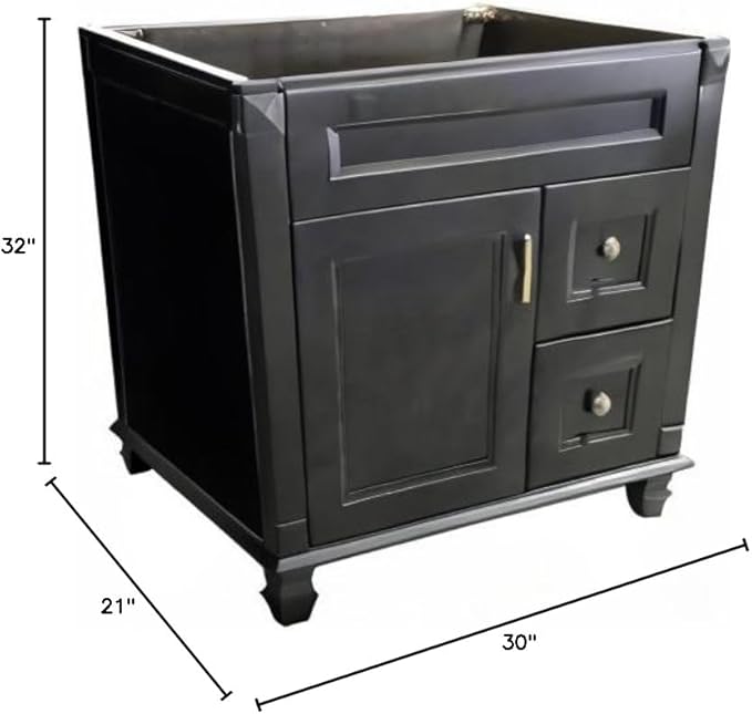 Carbon Metallic Solid Wood Single Bathroom Vanity Base Cabinet 30" W x 21" D x 32" H (Right Drawers)