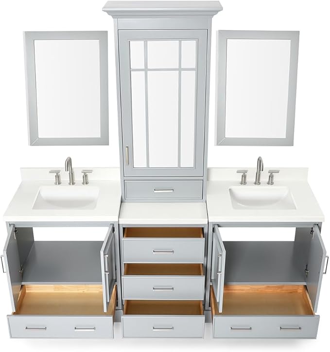 ARIEL Stafford 84-inch Bathroom Vanity with Sink,Solid Wood, 1.5-inch Pure White Quartz Countertop & Backsplash, Double Rectangular Porcelain Sink, 5 Soft Closing Doors, 6 Dovetail Drawers, Grey