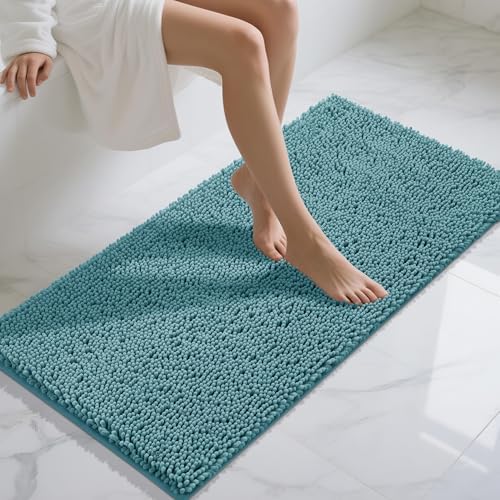 Yimobra Long Bathroom Rugs 47"x24", Extra Soft Non Slip Bath Mat for Tub, Super Absorbent Quick Dry Shaggy Rug Floor Carpet, Machine Washable,Teal Blue