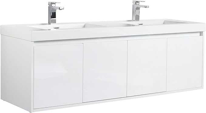 Blossom 60 Inch Wall Mounted Bathroom Vanity with Sink | Floating Wood Vanity Cabinet | Modern Soft-Close Doors & Storage | Space-Saving Design (Glossy White, 60'' Acrylic Double Sink)