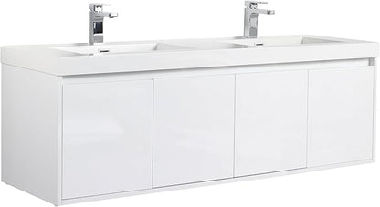 Blossom 60 Inch Wall Mounted Bathroom Vanity with Sink | Floating Wood Vanity Cabinet | Modern Soft-Close Doors & Storage | Space-Saving Design (Glossy White, 60'' Acrylic Double Sink)