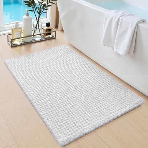 DEXI Chenille Bath Mat 24x16, Soft Absorbent Bathroom Rugs, White