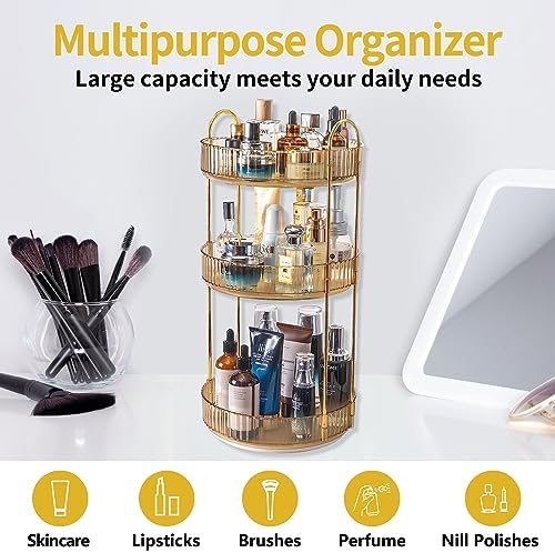 Asayuee 360 Rotating Makeup Organizer for Vanity,3 Tier Large Capacity Vanity Storage,Skincare Perfume Spinning Organizer,Bathroom Cosmetics Storage Makeup Stand Organizer (Gold-3 Tier)