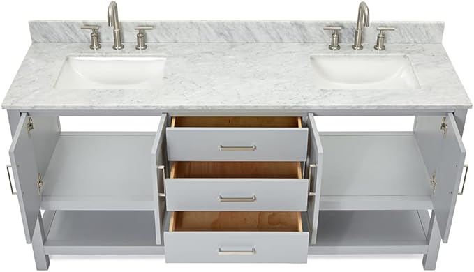ARIEL Magnolia 72-inch Bathroom Vanity with Sink,Solid Wood, 0.75-inch Italian Carrara Marble Countertop, Double Rectangular Porcelain Sink, 4 Soft Closing Doors, 3 Dovetail Drawers, Grey