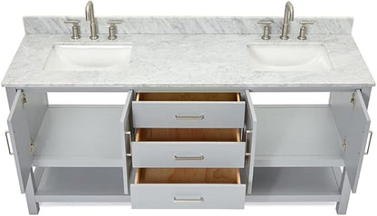 ARIEL Magnolia 72-inch Bathroom Vanity with Sink,Solid Wood, 0.75-inch Italian Carrara Marble Countertop, Double Rectangular Porcelain Sink, 4 Soft Closing Doors, 3 Dovetail Drawers, Grey