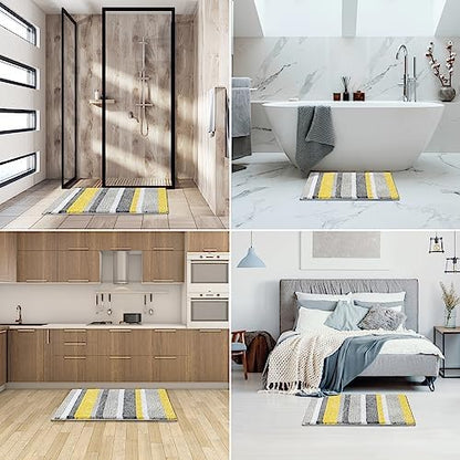 MIULEE Yellow Grey Bathroom Rug 24x36 Inch, Soft Thick Microfiber Striped Bath Mat, Non Slip Fluffy Plush Machine Washable Quick Dry for Bathroom Decor, Floor Tub and Shower