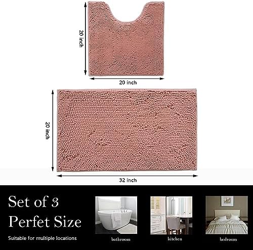 Bathroom Rugs Chenille Bath mat 2 Piece Set, Super Absorbent, Strong PVC Non Slip Backing, Bath mats for Bathroom, Plush Shaggy, Thick, Machine Washable, Bathtub, Toilet.(Deep Pink)