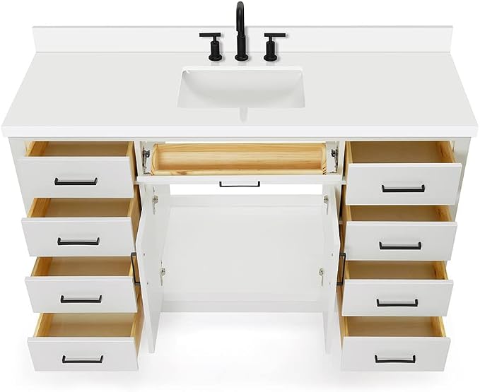 ARIEL Hepburn 60-inch Bathroom Vanity with Sink,Solid Wood, 1.5-inch Pure White Quartz Countertop & Backsplash, Single Rectangular Porcelain Sink, 2 Soft Closing Doors, 9 Dovetail Drawers, White