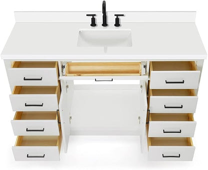 ARIEL Hepburn 60-inch Bathroom Vanity with Sink,Solid Wood, 1.5-inch Pure White Quartz Countertop & Backsplash, Single Rectangular Porcelain Sink, 2 Soft Closing Doors, 9 Dovetail Drawers, White