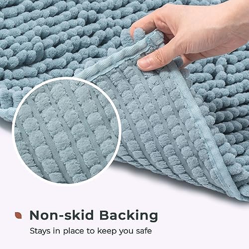 FRESHMINT Chenille Bathroom Rugs Mat 32”x20”, Non-Slip Bath Mat for Bathroom Floor & Bathtub, Washable Soft Shower Shag Bath Rugs, Durable Fluffy Thick Water Absorbent Microfiber Shower Mat, Blue