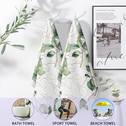 Eucalyptus Leaves Bathroom Hand Towels, Golden Green Lines Bath Hand Towel for Decorative Fingertip Towels Set of 2 for Farmhouse Gym Kitchen Hotel Yoga Gifts