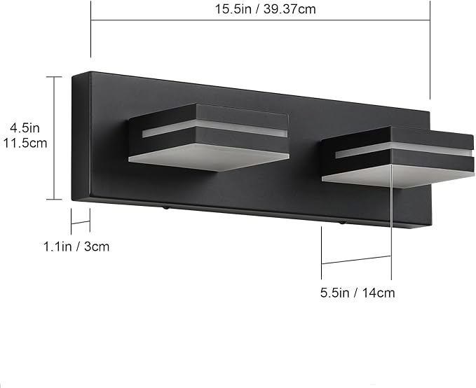 SineRise LED Modern Bathroom Vanity Light Fixtures, Modern Acrylic Bathroom Wall Lighting Fixtures Over Mirror, 2-Light, 15.5-Inch, Black, White
