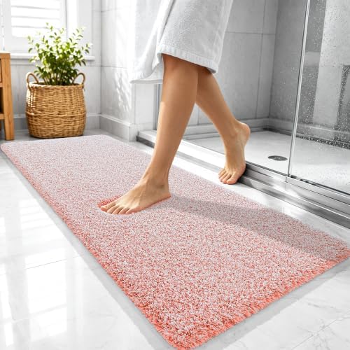 OLANLY Microfiber Bathroom Rugs 47x20, Quick Dry Bath Mat, Coral and White