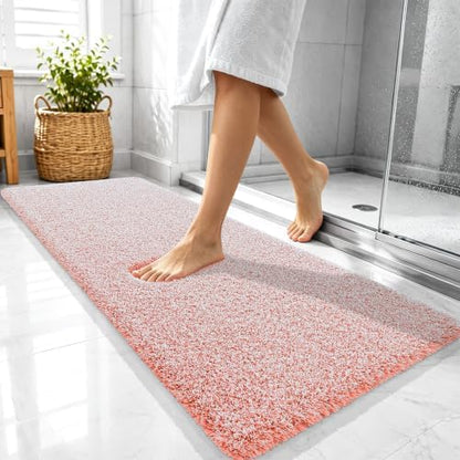 OLANLY Microfiber Bathroom Rugs 47x20, Quick Dry Bath Mat, Coral and White