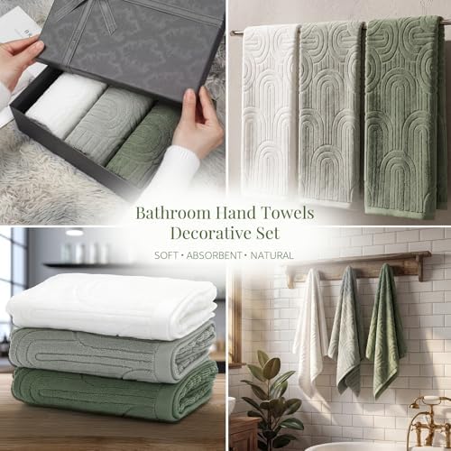 Tiamon 3 Pcs Bathroom Towel Decorative Set 100% Cotton Fluffy Bath Hand Towels for Guest Gifts Farmhouse Kitchen Hand Towels Home(White, Light Green, Dark Green,30 x 13 Inch,Arched Stripe)
