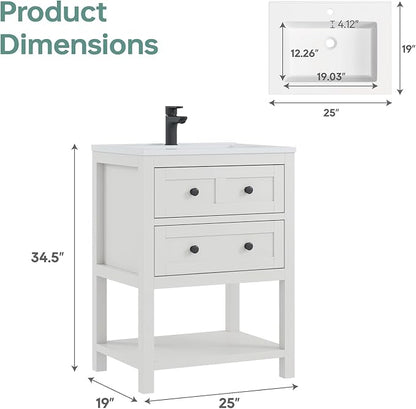24 Inch Farmhouse Bathroom Vanity with Sink, White | Durable SMC integrated sink with 2 soft-close drawers, open shelf storage and adjustable feet, ideal for small bathrooms