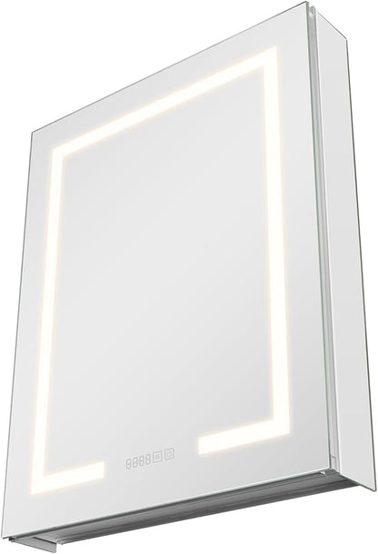 VEVOR Lighted Medicine Cabinet with Mirror, 24 x 30 in Recessed or Wall Mount, 3 Color Dimmable LED Bathroom Medicine Cabinet with HD Mirror, Clock, Adjustable Shelve Storage, Memory Defog Function