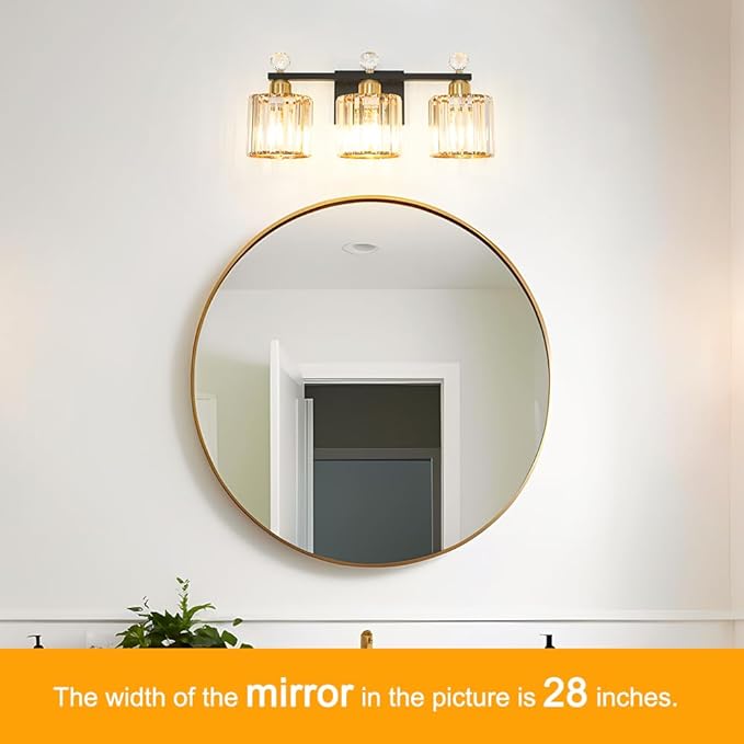 Black and Gold Bathroom Vanity Light, 3-Lights Crystal Vanity Lights for Bath, Modern Bathroom Light Fixture Over Mirror, Wall Mount Lights with Clear Crystal Glass for Bedroom Living Room
