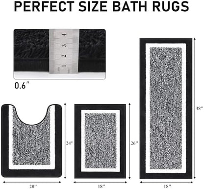 Pauwer Bathroom Rugs 3 Piece Set, Non Slip Washable Bath Mat, Black