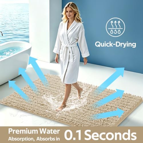ACCUMTEK Upgrade Luxury 2 Piece Beige Toilet Bathroom Rug Mat U Shape 24"x20"+48"x20", Ultra Soft Thick Absorbent Bath Mats, Non Slip Chenille Toilet Mat for Bathroom, Bedroom, Kitchen, Shower, Tub