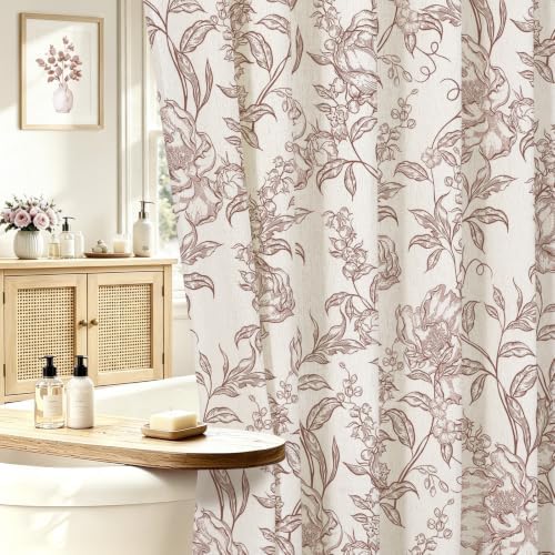 Burgundy Boho Linen Fabric Shower Curtain ,Farmhouse Floral For Bathroom