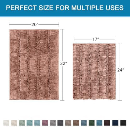 H.VERSAILTEX Bathroom Rug Set, 2 Piece Non Slip Thick Soft Chenille Striped Bath Mats, Muted Clay, 20" x 32"/17" x 24"