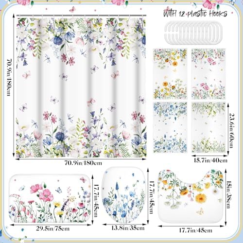Honoson 8 Pcs Floral Shower Curtain Set with Rugs and Towels