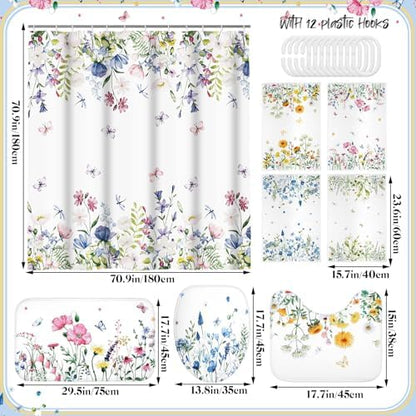 Honoson 8 Pcs Floral Shower Curtain Set with Rugs and Towels