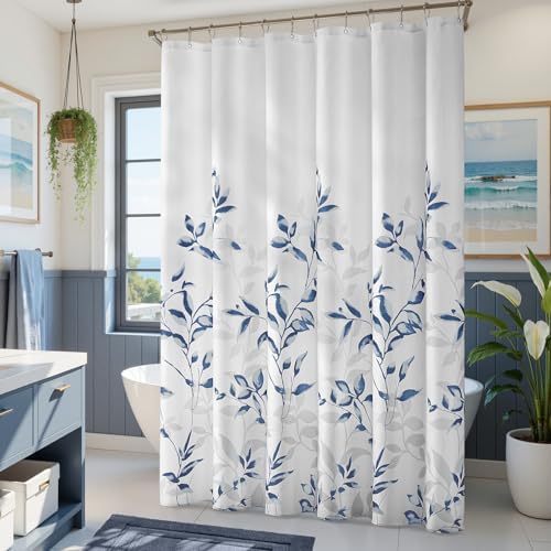 HOMEIDEAS Blue and White Botanical Shower Curtain 71×74 Inches