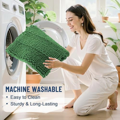 Grandaily Chenille Striped Bathroom Rugs 44x24, Extra Thick and Soft Absorbent Bath Mats, Rubber Backing, Plush Shaggy Shower Carpet, Machine Wash Dry, Bath Rug for Bathroom, Olive Green