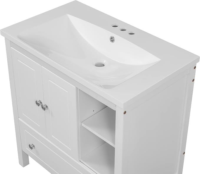 30" Ceramic Bathroom Sink, Vanity Top Only, Vessel Single-sink with Overflow and 3 Holes, Rectanglar