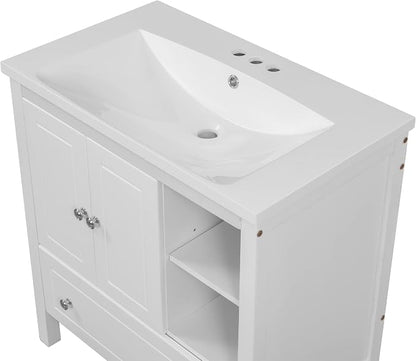 30" Ceramic Bathroom Sink, Vanity Top Only, Vessel Single-sink with Overflow and 3 Holes, Rectanglar