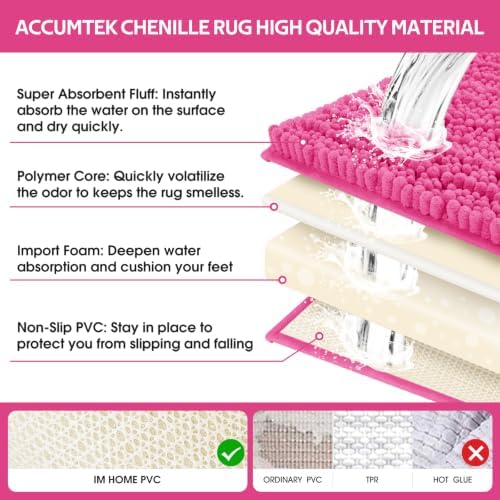 ACCUMTEK Upgrade Extra Large Shiny Pink Bathroom Rug Set 3 Pieces Ultra Soft, Thick Absorbent Bath Mats, Non Slip Chenille Toilet Mat for Bathroom, Bedroom, Kitchen